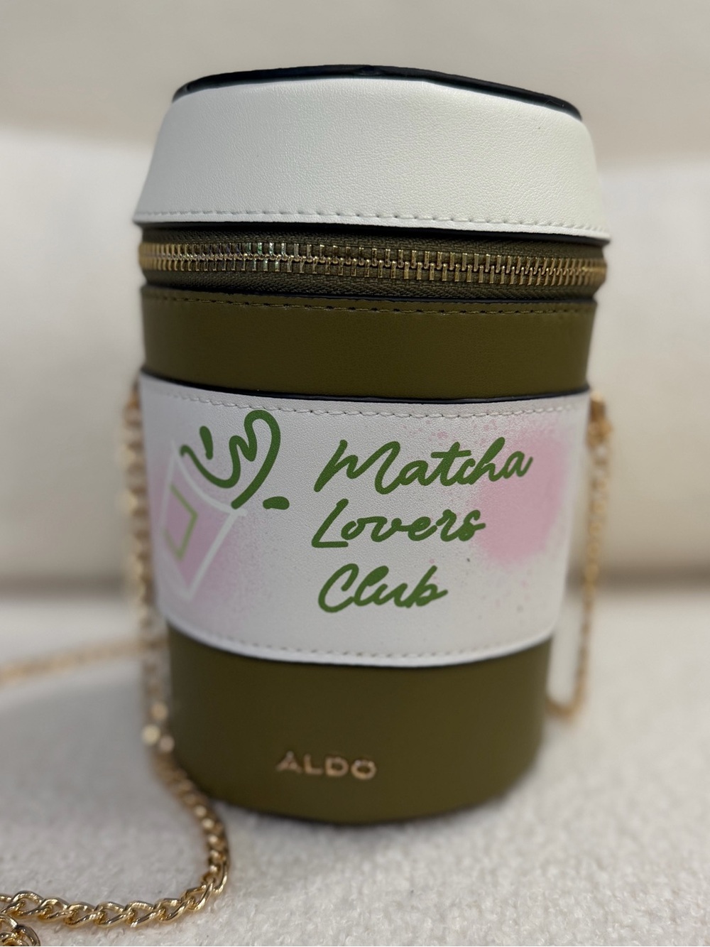 Aldo - Olive Green and White Cylinder Crossbody Bag with Gold Chain